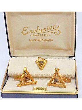 Tiger Eye Cufflinks Tie Tack Triangle Geometric Gold Tone  Brutalist